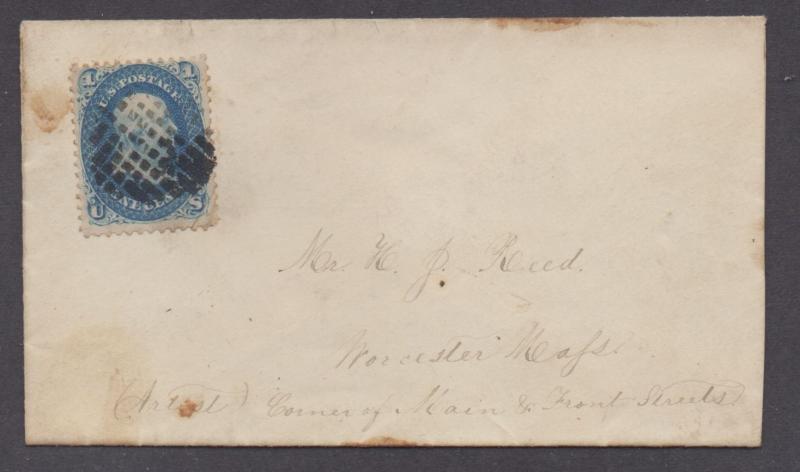 **US 19th Century Pat Cover, SC# 63, Grid Cxl Worchester, MA,1860's, Drop Letter