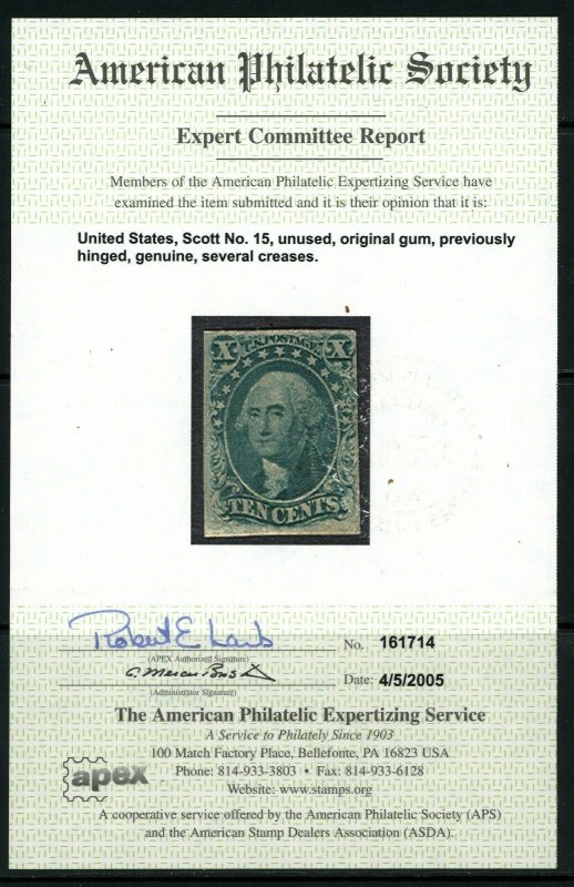 USAstamps Unused VF US 1851 Imperforate Washington Scott 15 OG MLH Beauty + Cert