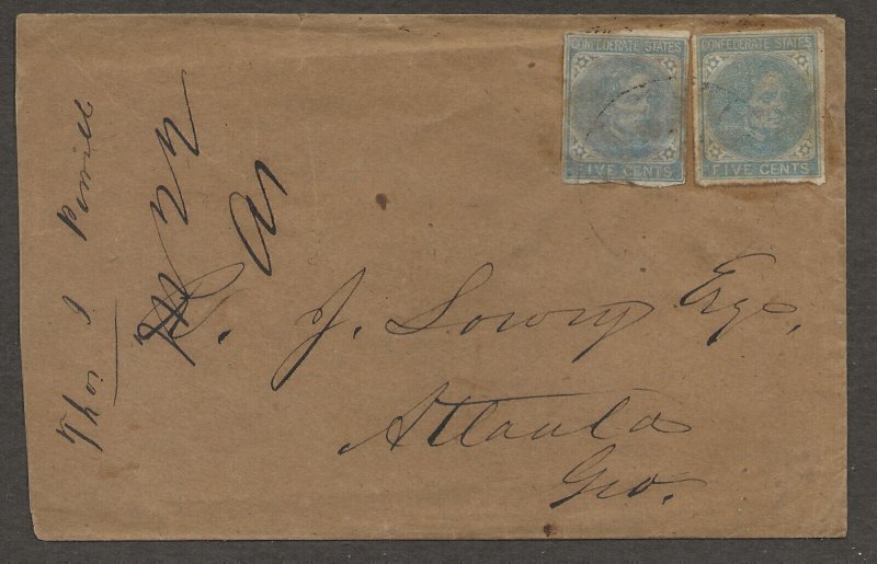 1863 Confederate #6 Local Print De La Rue Paper Thos J Penill  J Lowry Atlanta