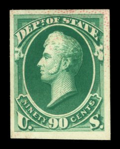 US 1873 OFFICIALS - State Depart. - Perry 90c grn Sc# O67 plate proof on card pp