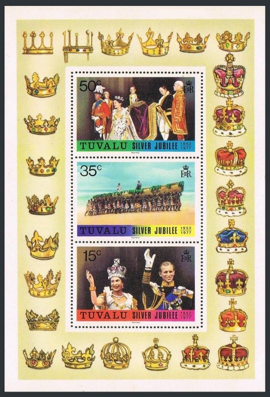 Tuvalu 43-45 gutter, 45a, MNH. Mi 443-45 gutter, Bl.1. Reign of QE II, 25, 1977.