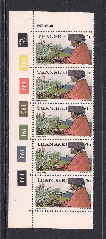 SOUTH AFRICA - TRANSKEI SC# 8  CONTROL STRIP/5  #188-93  FVF/MNH