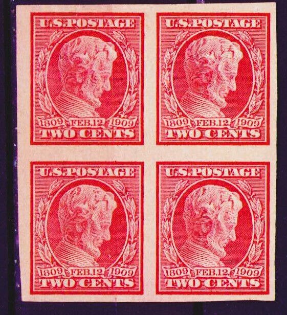 Lincoln Memorial Imperforate Block 4 Sc # 368 1909 MLH Top MNH Bottom