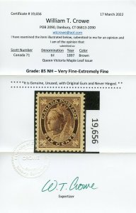 CANADA #71 MINT-VF-XF-OG-NH GRADED 85 W/ CROWE CERT (5/19/22 GP)