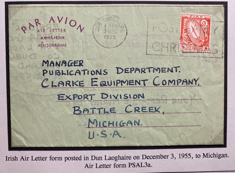 1955 Dun Laoghaire Ireland Air Letter Cover To  Battle Creek MI USA