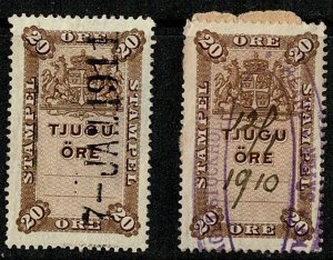 Sweden 2 revenue stamps 1910-1911