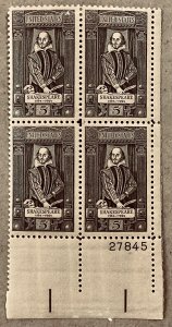 1250 William Shakespeare Author  25 MNH 5 cent plate blocks   Issued In 1964