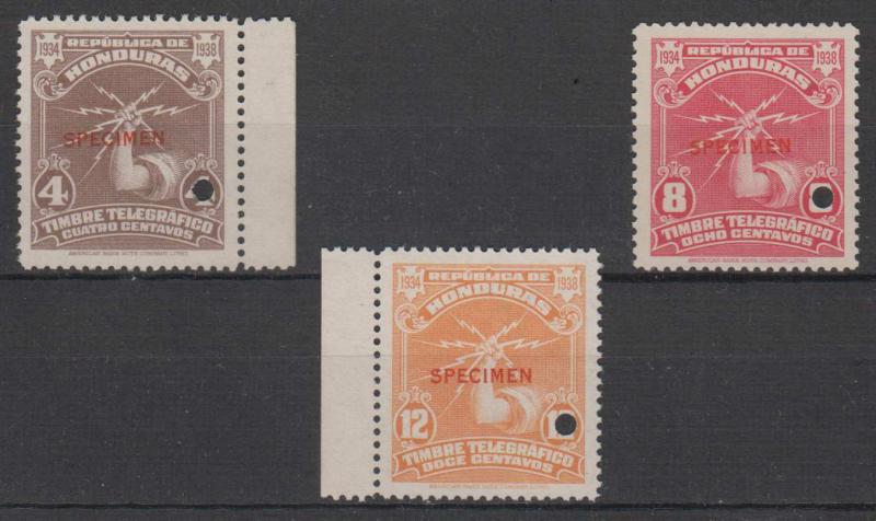 HONDURAS 1934 TELEGRAPH Yvert TT1-3 FULL SET PERF PROOFS, SPECIMEN MNH LIGHTNING