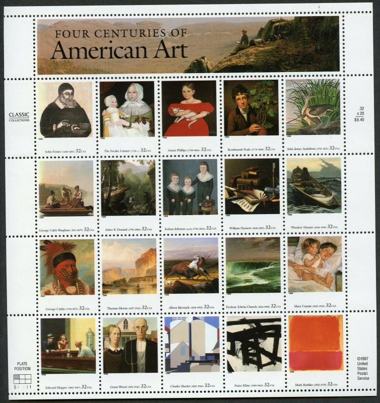 US SCOTT# 3236 AMERICAN ART COMPLETE SHEET OF 20 STAMPS MNH AS SHOWN