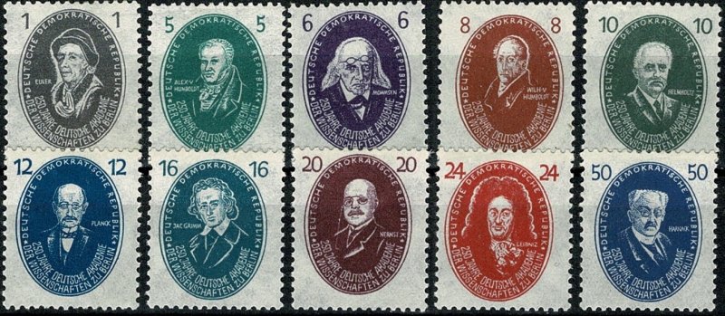 GERMANY DDR 1950 FULL SET of 10 SCIENCES SGE20-9 UNUSED Wmk.R2 P.13 x 12.5 VGC