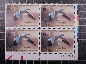 Scott RW55 1988 $10.00 Duck Stamp MNH Plate Block LR 180059 SCV - $70.00