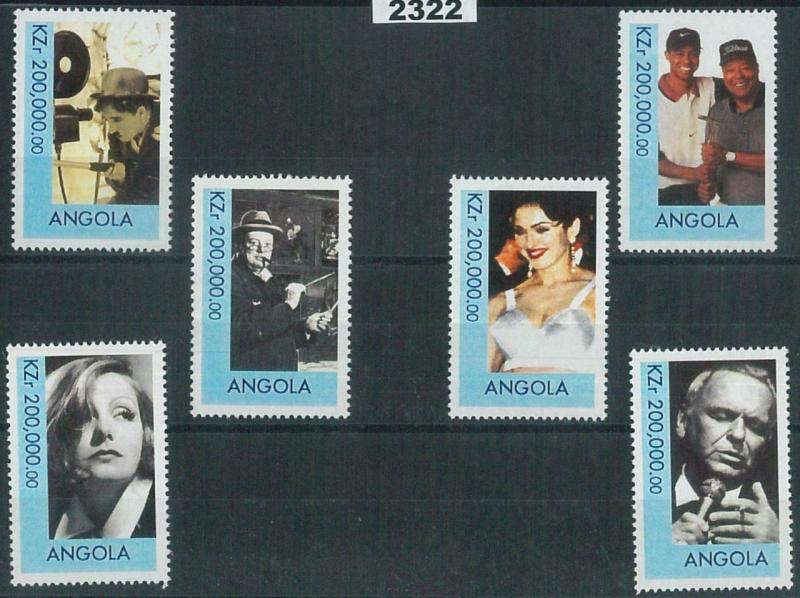 2322 - ANGOLA, STAMP SET: Churchill, Madonna, Chaplin, Sinatra, Woods, Cinema