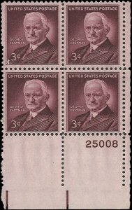 Scott # 1062 1954 3c brn pur  George Eastman  Plate Block - Lower Right - Mint 