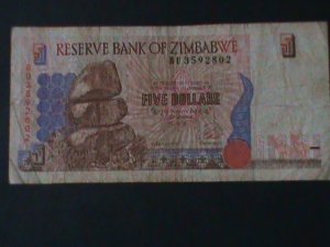 ​ZIMBABWE--REPUBLIC-1997-RESERVE BANK-$5.CIR-VF-27 YEARS OLD-WATER MARK