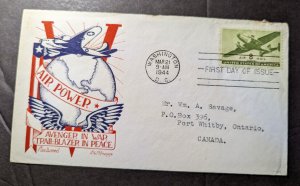 1944 USA Airmail First Day Cover FDC Washington DC to Port Whitby Ontario Canada