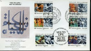 UNITED NATIONS WFUNA 1987 COMBO NO TO DRUGS  FDC CACHET DESIGN BY SAMI BURHAN