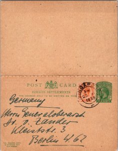 1935 Singapore SS Malaya Street Shop Paid Reply Postcard Cover To Berlin Germany
