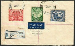 NORFOLK IS 1947 registered cover - Australia Peace set - Norfolk cds.......77356