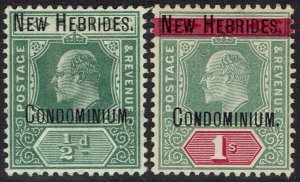 NEW HEBRIDES 1908 KEVII FIJI OVERPRINTED ½D AND 1/- WMK MULTI CROWN CA