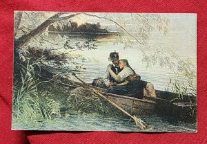 WW2 WWII Nazi German Third Reich color postcard lovers in a rowboat  1943
