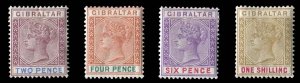 Gibraltar #17/21 (SG 41/45) Cat£126, 1898 Victoria, 2p, 4p, 6p and 1sh, hinged