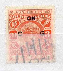 India Cochin 1929-31 Early Issue used Shade of 3a. Optd NW-16101