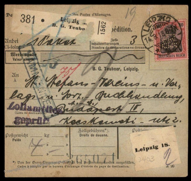 Germany 1918 DR Germania Wmk Cover Perfin Budapest Hungary G96000