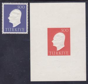 Turkey 1472-72a MNH 1959 500k  Embossed Kemal Atatürk & Red Souvenir Sheet