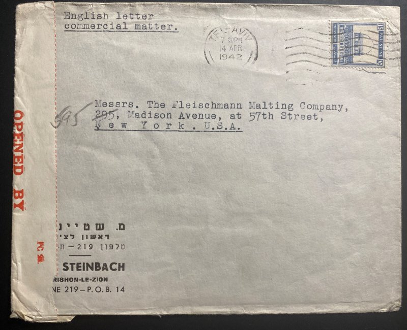 1942 Tel Aviv Palestine Censored Cover To Fleischmann Co New York USA 