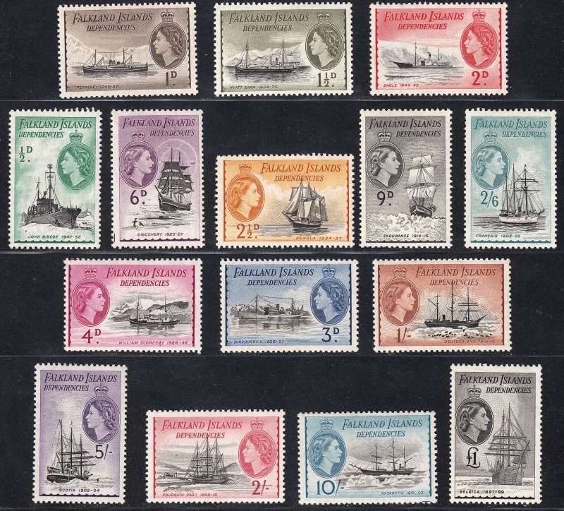 1954-62 FALKLAND ISLANDS DEPENDENCIES QEII DEFINITIVES (SG# G26-G40) MH VF