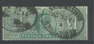 1902/10 Sg 266, £1 Dull Blue Green, Good used.