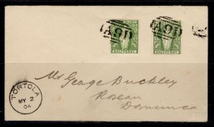 BRITISH VIRGIN ISLANDS QV SG43a + 43b, ½d ERRORS 1904 COVER TORTOLA to DOMINICA