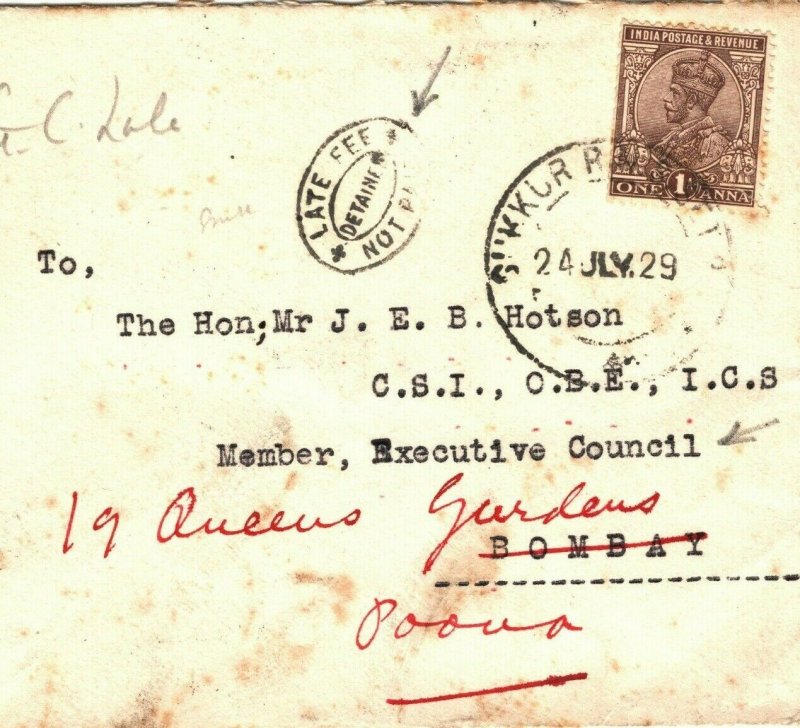 INDIA Cover Sukkur Railway Station *LATE FEE/DETAINED/NOT PAID*Bombay 1929 MA768