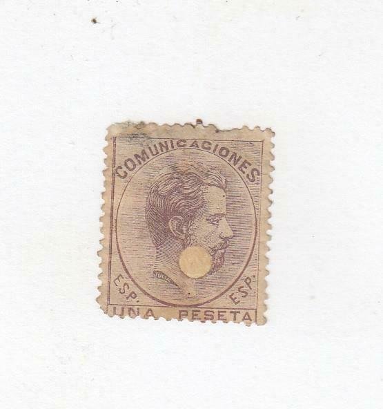 SPAIN(MK6848) # 187 F-USED REPAIRED PUNCH HOLE 1p 1870 KING AMADEO /LILAC CV $55