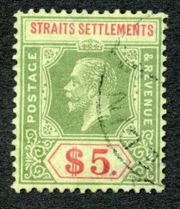 Straits Settlements SG212d 5 dollars wmk Mult Crown CA Die II emerald back Cat