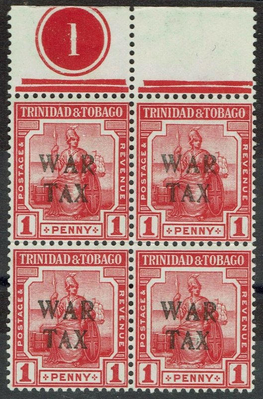 TRINIDAD AND TOBAGO 1917 WAR TAX BRITANNIA 1D PLATE 1 BLOCK STAMPS MNH **