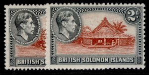 BRITISH SOLOMON ISLANDS GVI SG63 + 63a, 2d PERF VARIETIES, M MINT.