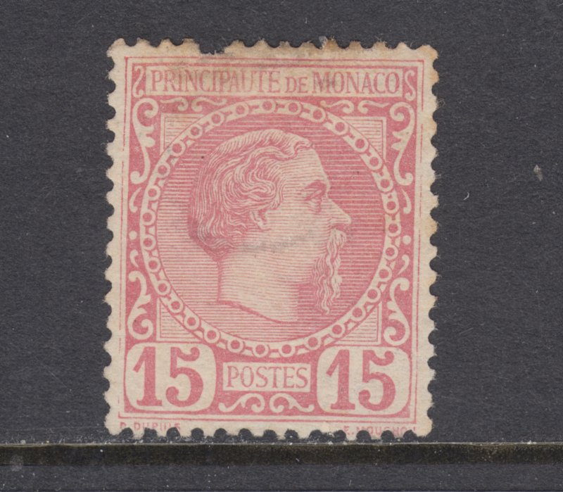 Monaco Sc 5 MLH. 1885 15c Prince Charles III, pulled perf, light stain, CV $350