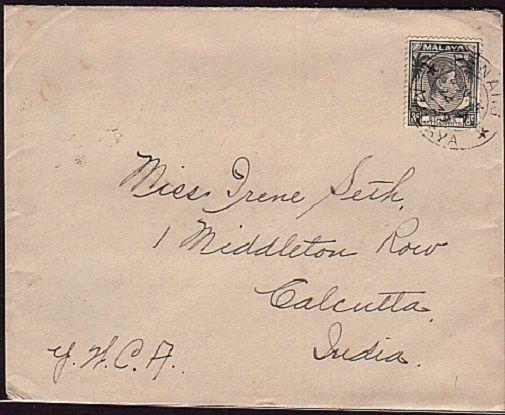 STRAITS SETTLEMENTS 1939 GVI 8c on cover PENANG to Calcutta................34580