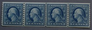 United States #496 5 Cent Washington Strip of Four w/ Coil Line Pair MNH