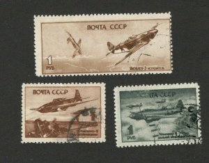 RUSSIA - 3 USED STAMPS - AIRMAIL. PLANE  - 1945. 