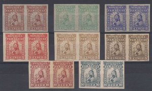 PARAGUAY 1879-81 LIONS Sc 12-13 EIGHT PAIRS IMPERF PROOFS IN DIFFERENT COLORS VF 