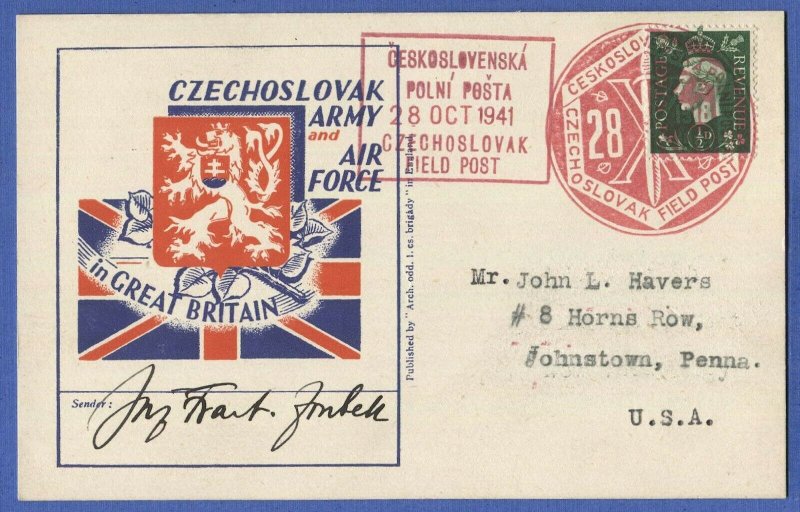 X530 - GB 1941 CZECHOSLOVAK FIELD POST Patriotic Post Card to Pennsylvania