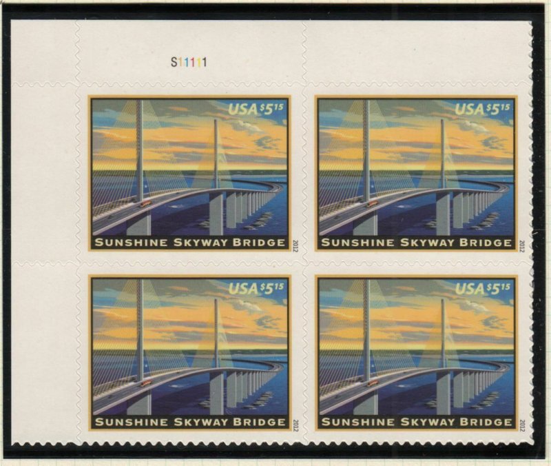 2012 Sunshine Skyway $5.15 Sc 4649 MINT plate block of 4, plate no. S11111UL 