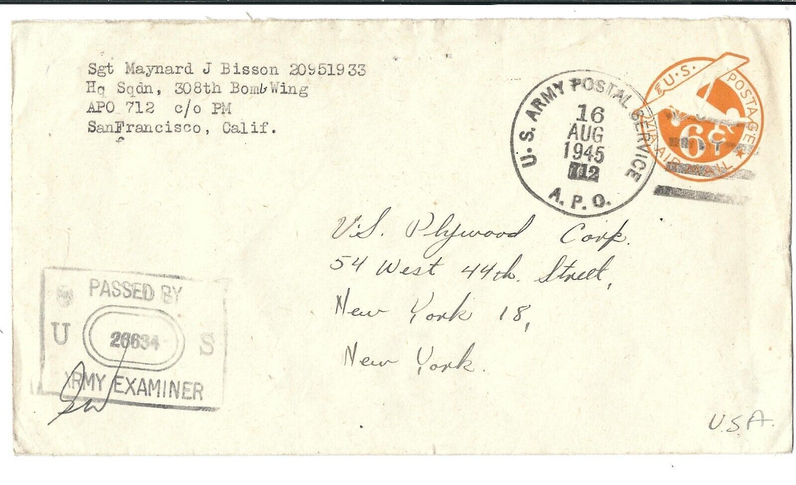 APO 712, Okinawa, Ryukyus Islands to New York, NY 1945 Airmail (M5667 ...