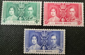 Hong Kong, 1937, George VI Coronation, set of 3, MNH, #151-53, SCV$20.00