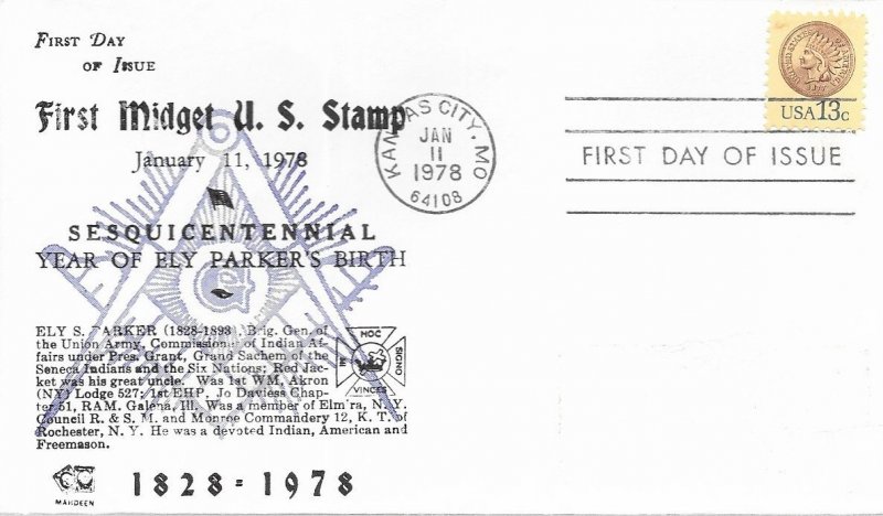 1978 FDC, #1734, 13c Indian Head Penny, Masonic - Mahdeen #1