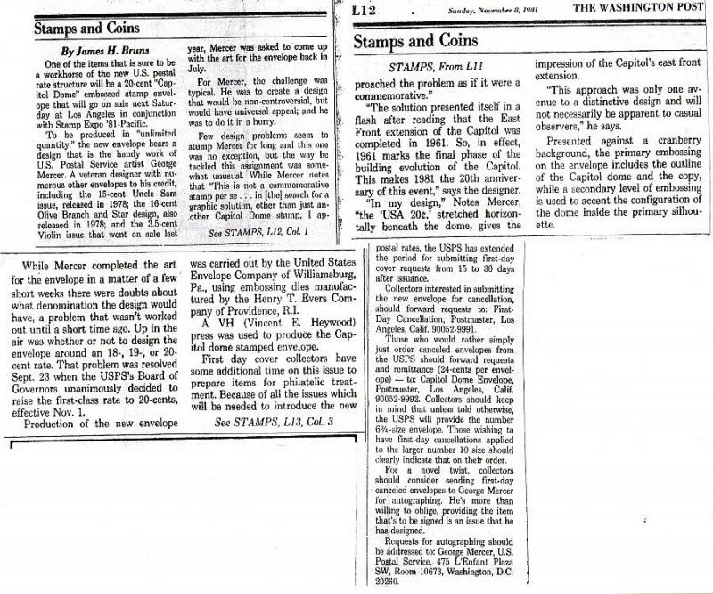 1981 Capitol Dome Sc U601 FDC signed by Mercer, stamp designer