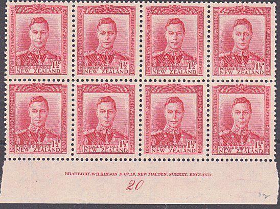 NEW ZEALAND GVI 1½d red plate block # 20 MNH................................4168