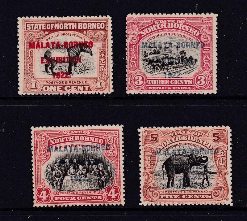 North Borneo x 4 from the 1922 Exhibition overprint set MNG